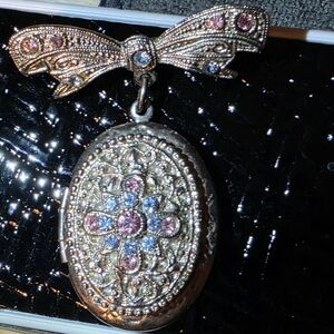 Vintage Style Filigree Bow Locket Pin - Pink & Blue Crystals
